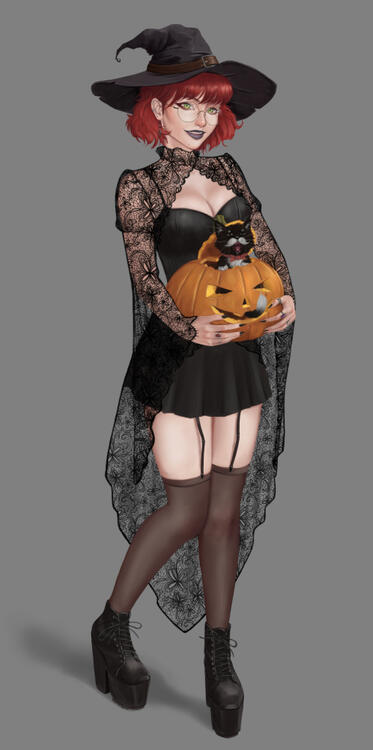 A woman dressed for halloween holding a pumpking with a kitten inside yawning