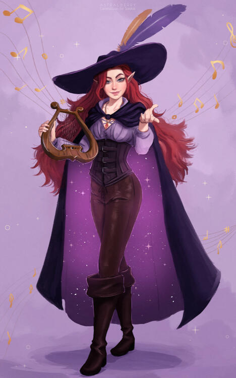 a bard woman doing a pose with her lyre harp