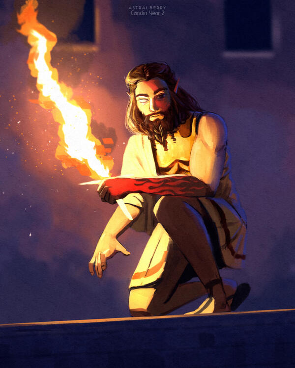 A Human-elf wizard wielding a burning sword