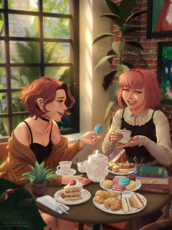 Two girls hanging out in a cafe