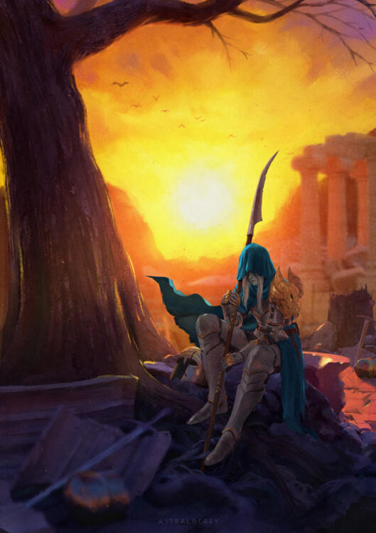 A lonely knight and the sun setting in the background