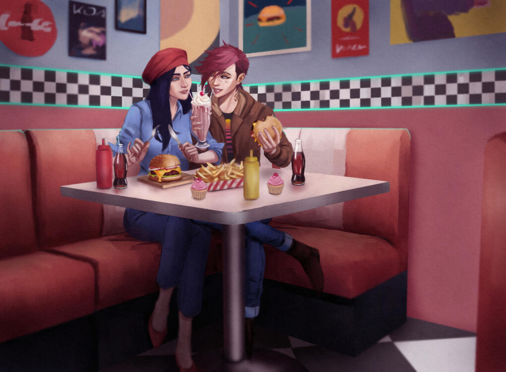 Caitlyn and Vi from League of Legends, in a diner.