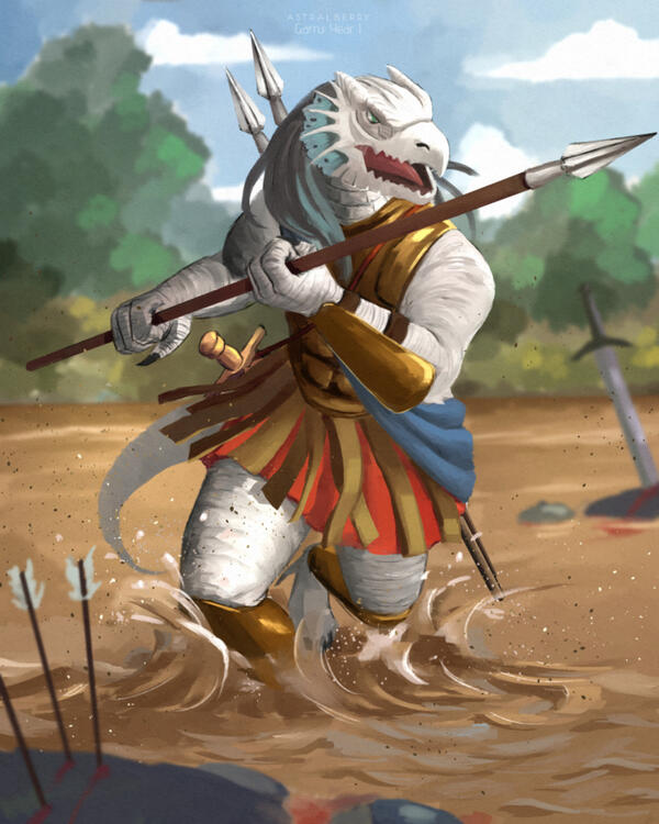 A Dragonborn fighter holding a spear