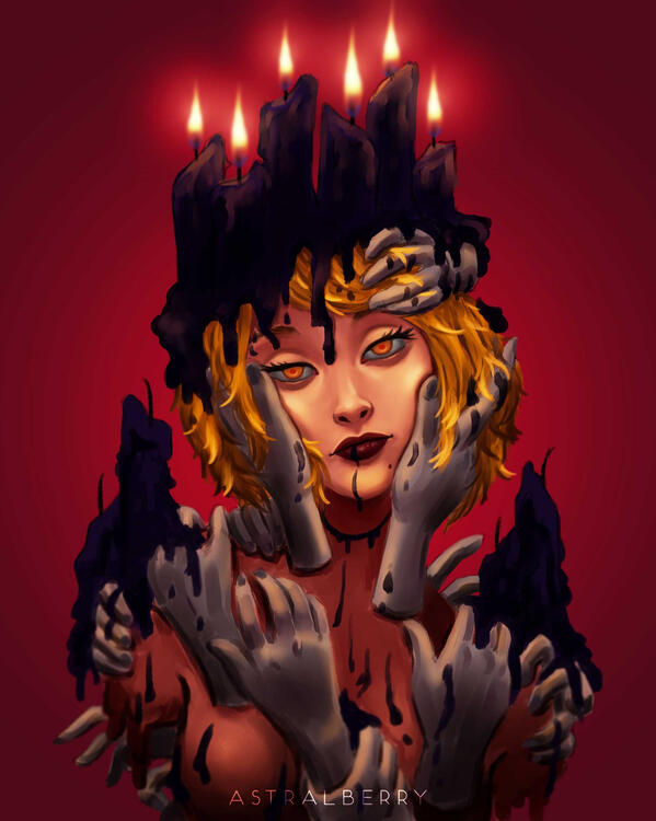 A woman covered in candles and hands