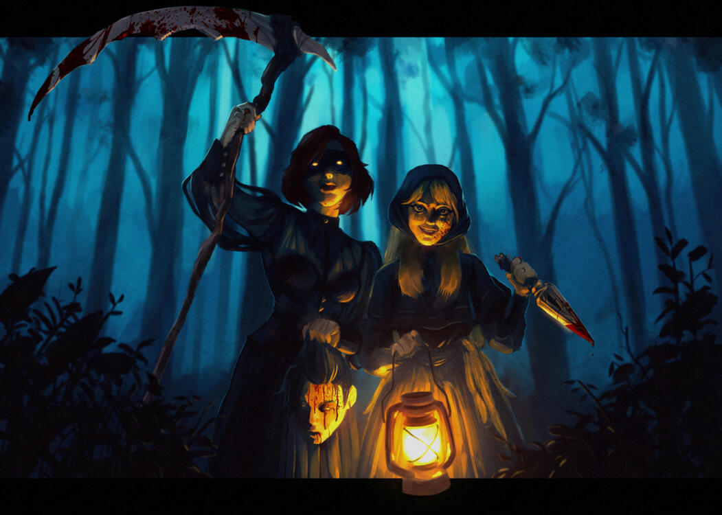 Two girls in a dark forest with an ominous vibe