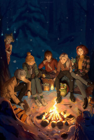 A group of people around a campfire.